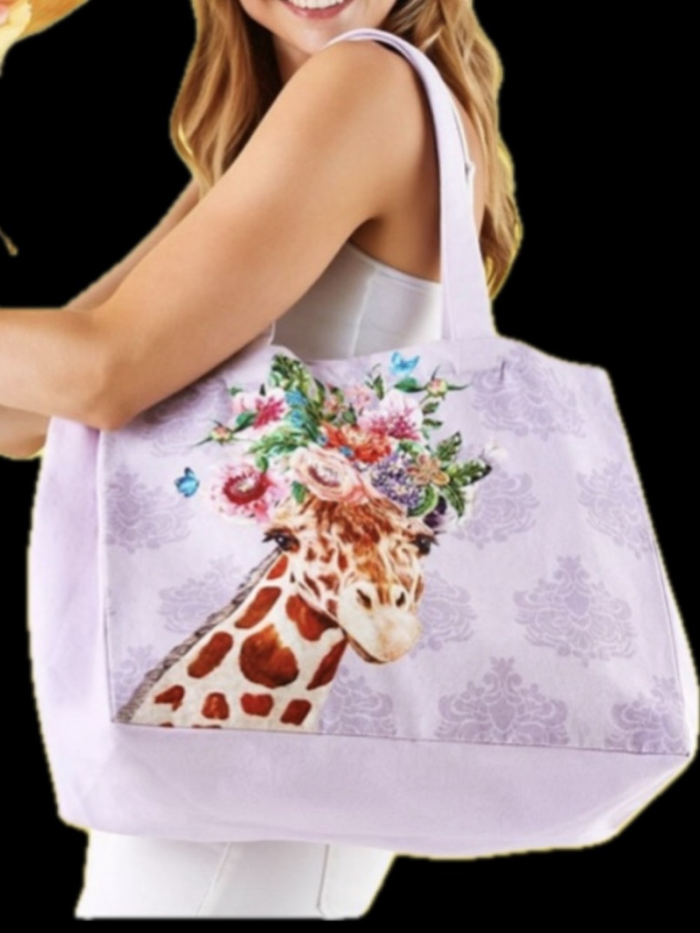 🦒Giraffe Floral Sequins 2 Chic Cotton Canvas Tote Lavender Large/Oversized